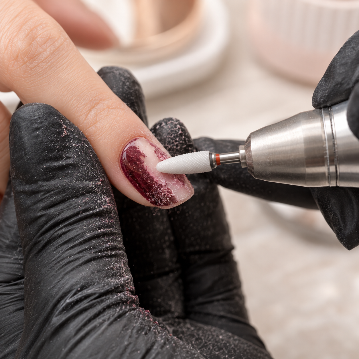 Close-up illustration of an e-file removing burgundy gel polish from a fingernail