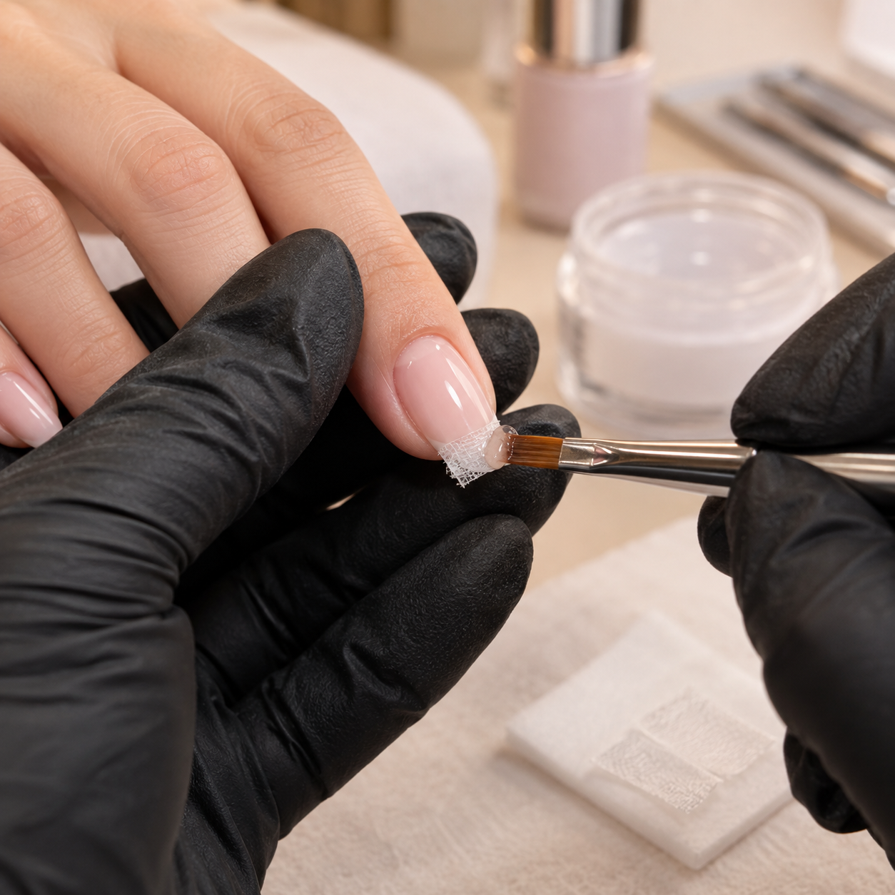 Close-up illustration of a technician repairing a nail with a silk patch and clear gel